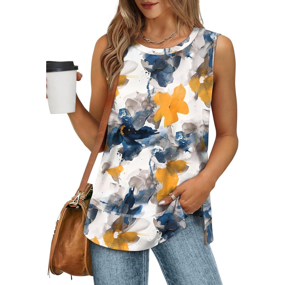 imageXIEERDUO Womens Summer Tank Tops Sleeveless Round Neck Casual Side Hem Tops Loose FitPrinted Tie Dye