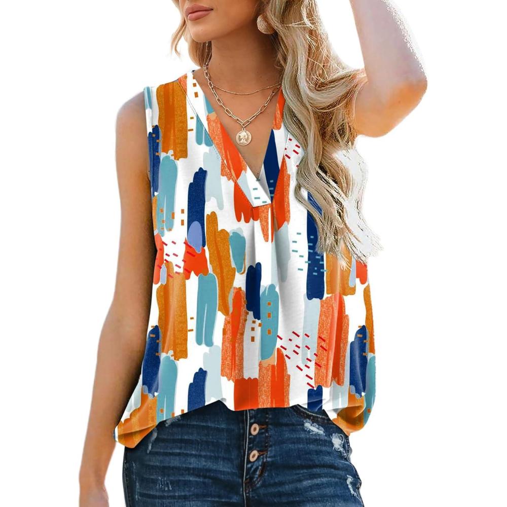 imageXIEERDUO Womens V Neck Chiffon Tank Top Sleeveless Work Office Pleated Blouses Tops00colorful