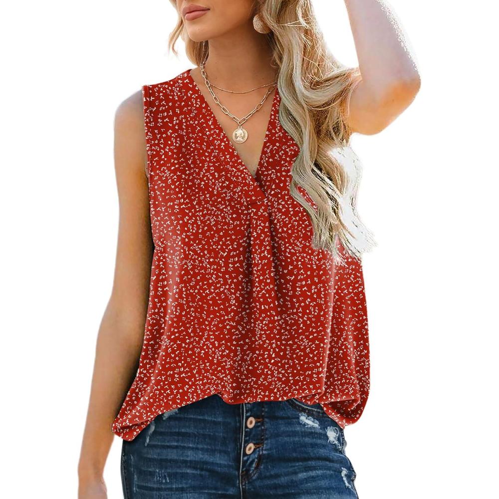 imageXIEERDUO Womens V Neck Chiffon Tank Top Sleeveless Work Office Pleated Blouses Tops03fred Print