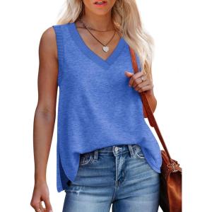 imageWomens Tank Tops Summer V Neck Loose Fit Casual Basic Side Split Sleeveless01blue
