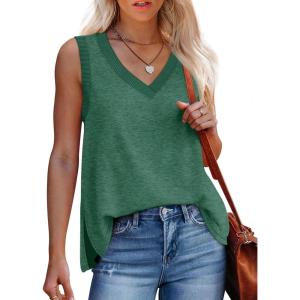 imageWomens Tank Tops Summer V Neck Loose Fit Casual Basic Side Split Sleeveless03green
