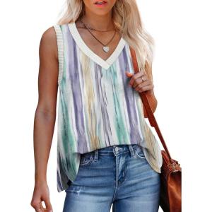 imageWomens Tank Tops Summer V Neck Loose Fit Casual Basic Side Split Sleeveless04tie Dye Stripe