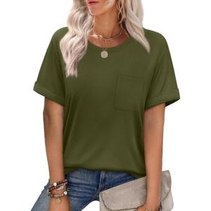imageXIEERDUO Summer Tops for Women Casual Crewneck Short Sleeve Shirts Pocket ComfyArmy Green