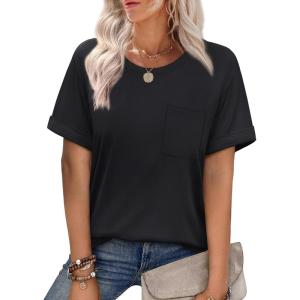 imageXIEERDUO Summer Tops for Women Casual Crewneck Short Sleeve Shirts Pocket ComfyBlack