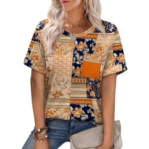 imageXIEERDUO Summer Tops for Women Casual Crewneck Short Sleeve Shirts Pocket ComfyBrown Printed