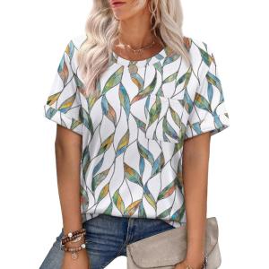imageXIEERDUO Summer Tops for Women Casual Crewneck Short Sleeve Shirts Pocket ComfyColorful Leaves