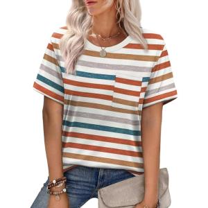 imageXIEERDUO Summer Tops for Women Casual Crewneck Short Sleeve Shirts Pocket ComfyColorful Stripe