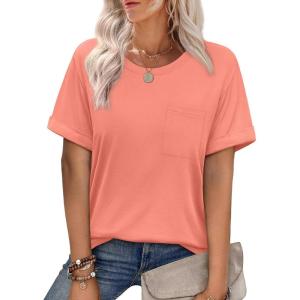 imageXIEERDUO Summer Tops for Women Casual Crewneck Short Sleeve Shirts Pocket ComfyCoral