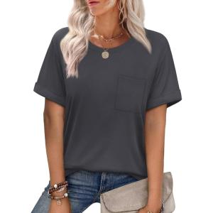 imageXIEERDUO Summer Tops for Women Casual Crewneck Short Sleeve Shirts Pocket ComfyGray