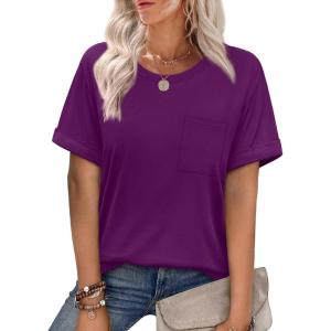imageXIEERDUO Summer Tops for Women Casual Crewneck Short Sleeve Shirts Pocket ComfyPurple