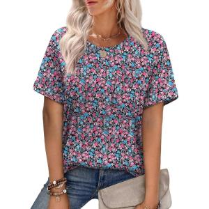 imageXIEERDUO Summer Tops for Women Casual Crewneck Short Sleeve Shirts Pocket ComfyPurple Flower