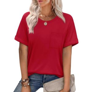 imageXIEERDUO Summer Tops for Women Casual Crewneck Short Sleeve Shirts Pocket ComfyRed