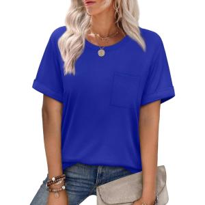 imageXIEERDUO Summer Tops for Women Casual Crewneck Short Sleeve Shirts Pocket ComfyRoyal Blue