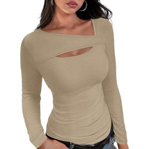 imageXIEERDUO Womens Long Sleeve Tops Slim Fit Fall Shirts Cutout Tops Y2K Ribbed TshirtApricot