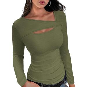 imageXIEERDUO Womens Long Sleeve Tops Slim Fit Fall Shirts Cutout Tops Y2K Ribbed TshirtArmy Green