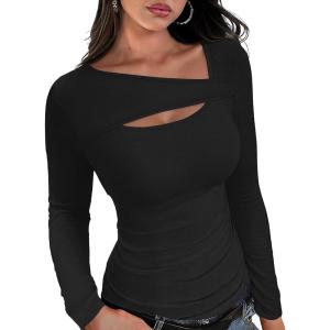 imageXIEERDUO Womens Long Sleeve Tops Slim Fit Fall Shirts Cutout Tops Y2K Ribbed TshirtBlack