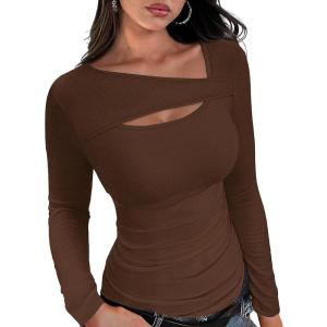 imageXIEERDUO Womens Long Sleeve Tops Slim Fit Fall Shirts Cutout Tops Y2K Ribbed TshirtBrown