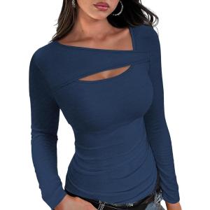 imageXIEERDUO Womens Long Sleeve Tops Slim Fit Fall Shirts Cutout Tops Y2K Ribbed TshirtDark Blue