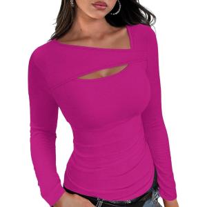 imageXIEERDUO Womens Long Sleeve Tops Slim Fit Fall Shirts Cutout Tops Y2K Ribbed TshirtPurple Red