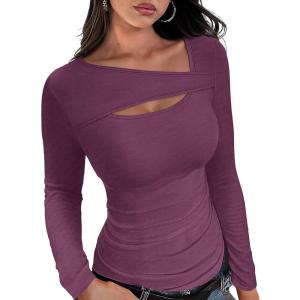 imageXIEERDUO Womens Long Sleeve Tops Slim Fit Fall Shirts Cutout Tops Y2K Ribbed TshirtPurplish