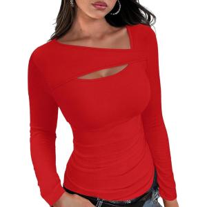 imageXIEERDUO Womens Long Sleeve Tops Slim Fit Fall Shirts Cutout Tops Y2K Ribbed TshirtRed