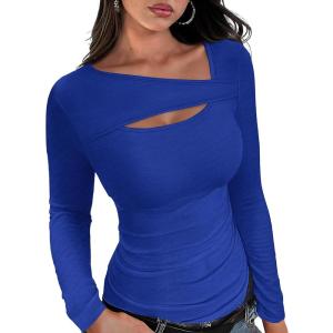 imageXIEERDUO Womens Long Sleeve Tops Slim Fit Fall Shirts Cutout Tops Y2K Ribbed TshirtRoyal Blue