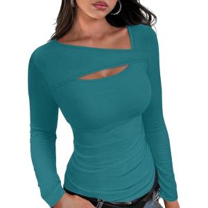 imageXIEERDUO Womens Long Sleeve Tops Slim Fit Fall Shirts Cutout Tops Y2K Ribbed TshirtTeal