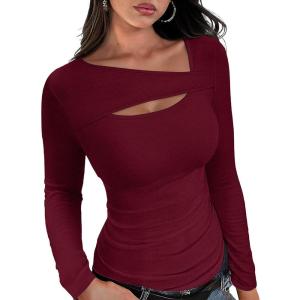 imageXIEERDUO Womens Long Sleeve Tops Slim Fit Fall Shirts Cutout Tops Y2K Ribbed TshirtWine Red