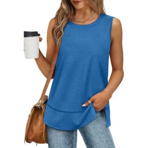 imageXIEERDUO Womens Summer Tank Tops Sleeveless Round Neck Casual Side Hem Tops Loose FitBlue