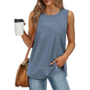 imageXIEERDUO Womens Summer Tank Tops Sleeveless Round Neck Casual Side Hem Tops Loose FitDark Blue