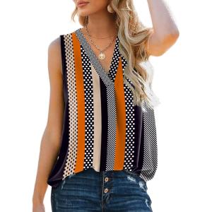 imageXIEERDUO Womens V Neck Chiffon Tank Top Sleeveless Work Office Pleated Blouses Tops02astripe Print