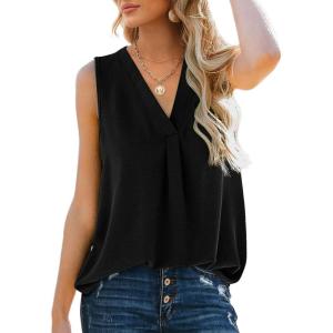 imageXIEERDUO Womens V Neck Chiffon Tank Top Sleeveless Work Office Pleated Blouses Tops02black