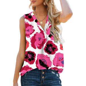 imageXIEERDUO Womens V Neck Chiffon Tank Top Sleeveless Work Office Pleated Blouses Tops02chot Pink Flower