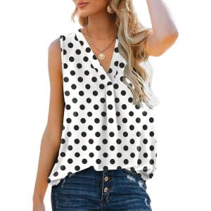 imageXIEERDUO Womens V Neck Chiffon Tank Top Sleeveless Work Office Pleated Blouses Tops03ablack Dot