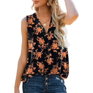 imageXIEERDUO Womens V Neck Chiffon Tank Top Sleeveless Work Office Pleated Blouses Tops03aorange Flower