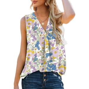 imageXIEERDUO Womens V Neck Chiffon Tank Top Sleeveless Work Office Pleated Blouses Tops03kwhite Blue Floral