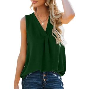 imageXIEERDUO Womens V Neck Chiffon Tank Top Sleeveless Work Office Pleated Blouses Tops06green