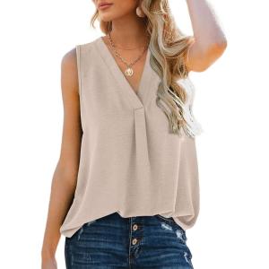 imageXIEERDUO Womens V Neck Chiffon Tank Top Sleeveless Work Office Pleated Blouses Tops07apricot
