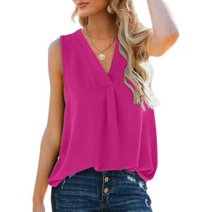 imageXIEERDUO Womens V Neck Chiffon Tank Top Sleeveless Work Office Pleated Blouses Tops07hot Pink