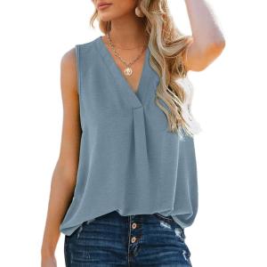 imageXIEERDUO Womens V Neck Chiffon Tank Top Sleeveless Work Office Pleated Blouses Tops09light Blue