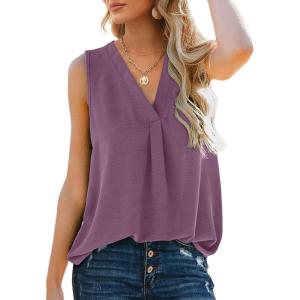 imageXIEERDUO Womens V Neck Chiffon Tank Top Sleeveless Work Office Pleated Blouses Tops11purple
