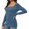 imageWomens Long Sleeve Square Neck Tops 2024 Fashion Slim Fit Tees ShirtsBlue