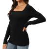 imageWomens Long Sleeve Square Neck Tops 2024 Fashion Slim Fit Tees ShirtsDark Grey