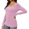 imageWomens Long Sleeve Square Neck Tops 2024 Fashion Slim Fit Tees ShirtsPink