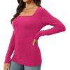 imageWomens Long Sleeve Square Neck Tops 2024 Fashion Slim Fit Tees ShirtsRibbed Pink