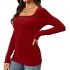 imageWomens Long Sleeve Square Neck Tops 2024 Fashion Slim Fit Tees ShirtsWine Red