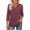 imageXIEERDUO 34 Length Sleeve Womens Tops Dressy Casual Blouses for Women 2025 Trendy V Neck T Shirts Summer ClothesWine Red