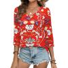 imageXIEERDUO 34 Length Sleeve Womens Tops Dressy Casual Blouses for Women 2025 Trendy V Neck T Shirts Summer ClothesZ Red Printed