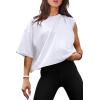 imageXIEERDUO Cotton Tshirts for Women Drop Shoulder Round Neck Oversized Crop Tops Workout Tops TeesA White