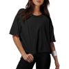 imageXIEERDUO Cotton Tshirts for Women Drop Shoulder Round Neck Oversized Crop Tops Workout Tops TeesA Black